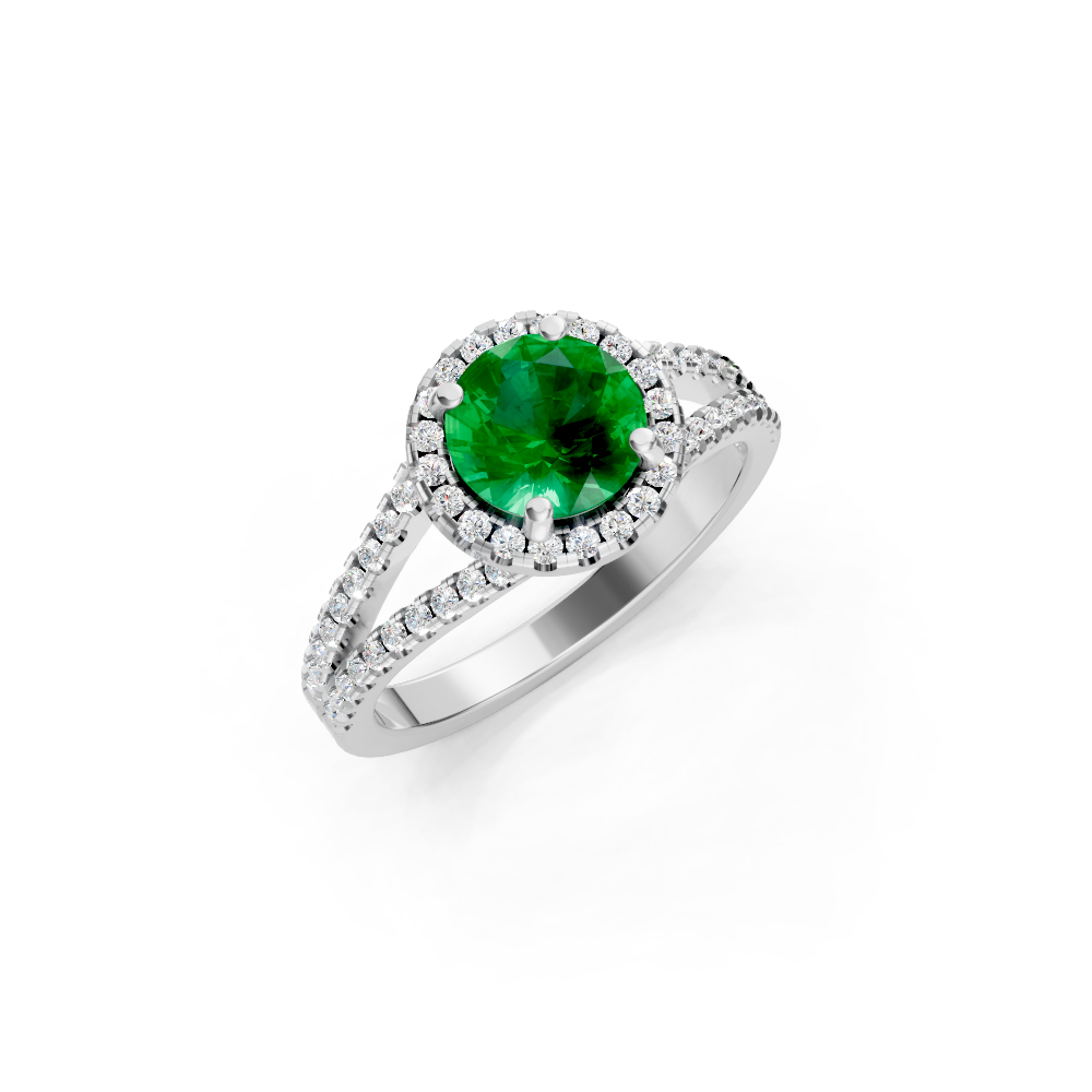 Colombian Emerald Round Halo Ring with Diamond Pavé Split Band