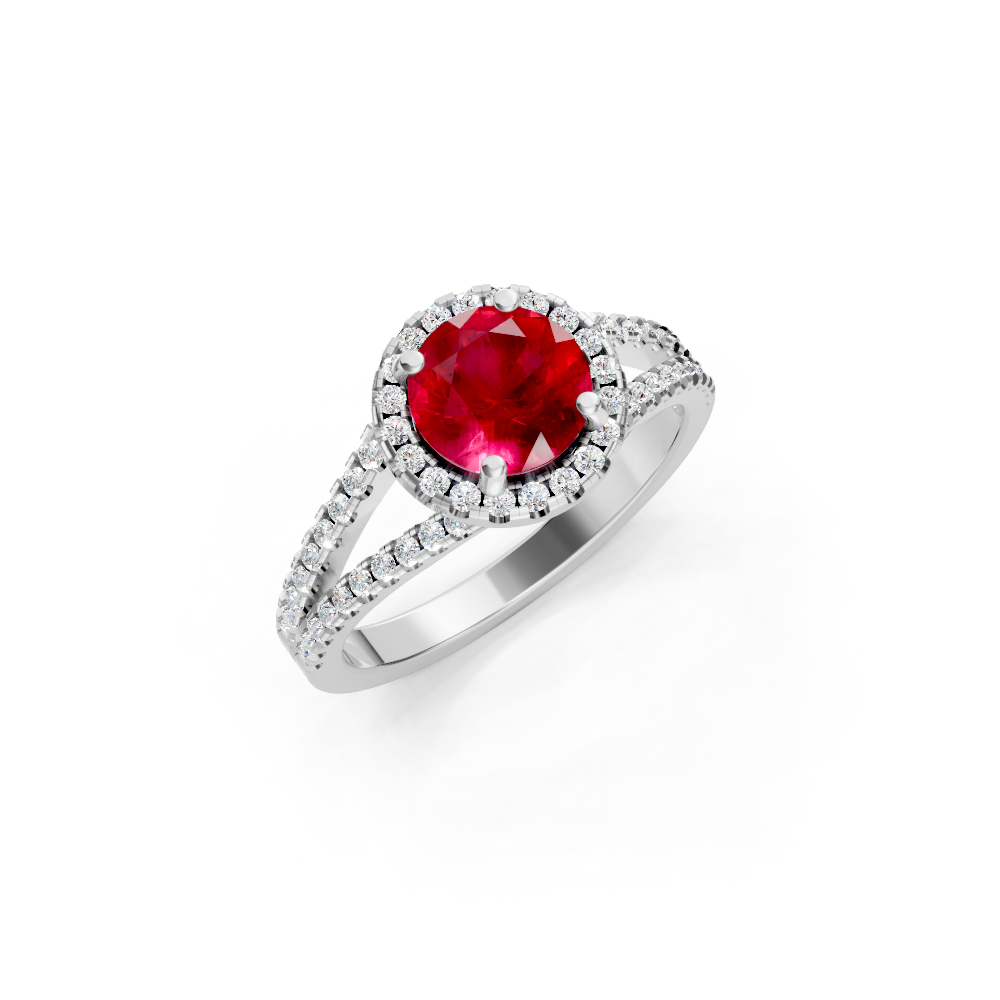 Ruby Round Halo Ring with Diamond Pavé Split Band