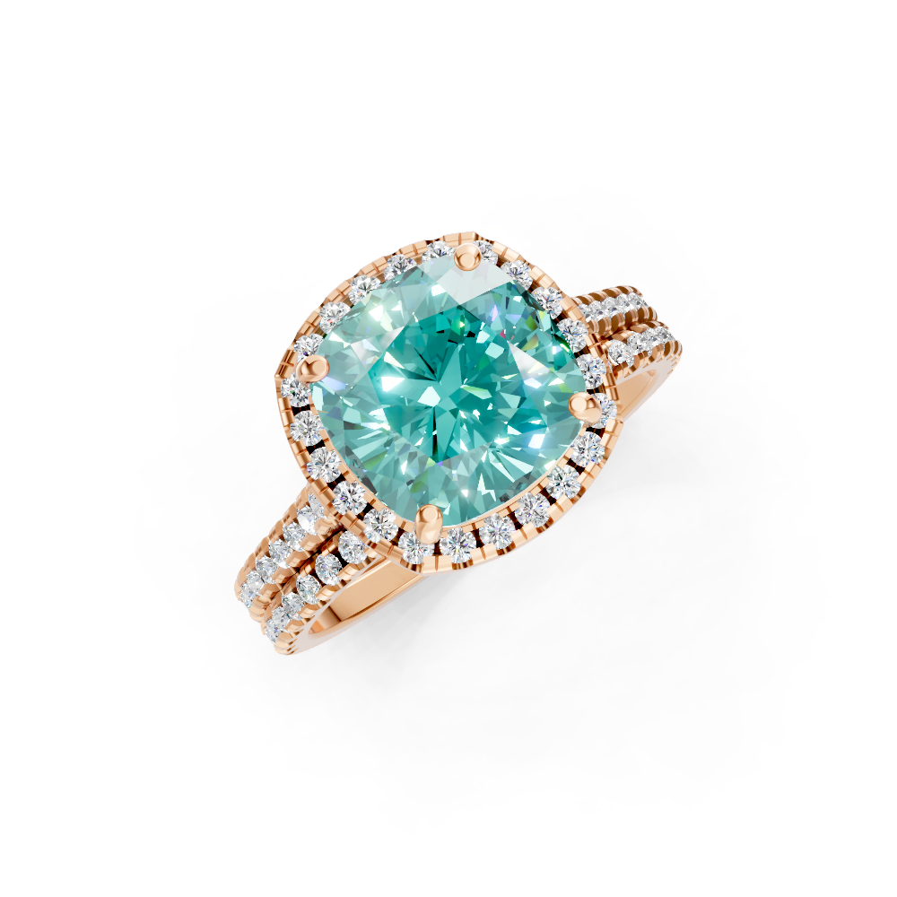 Paraiba Tourmaline Cushion Halo Ring with Pave Band