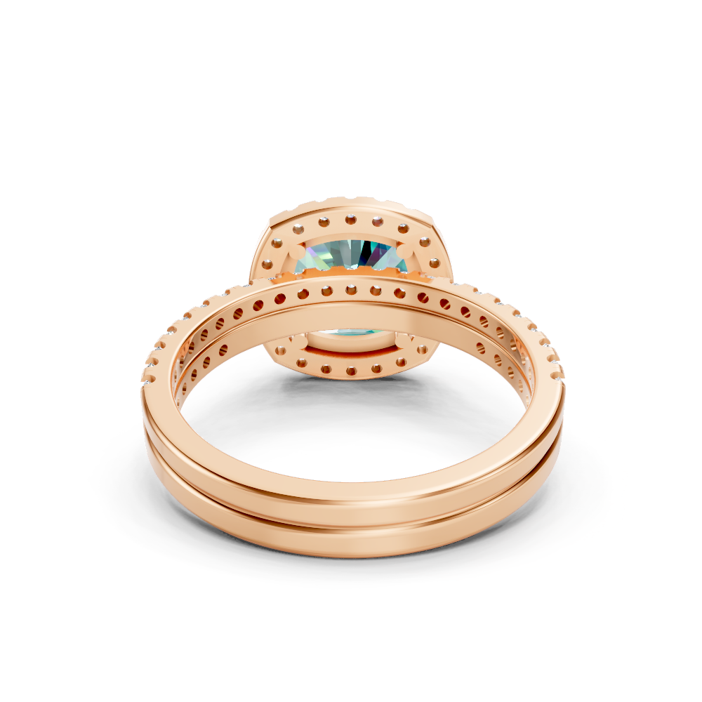 Paraiba Tourmaline Cushion Halo Ring with Pave Band