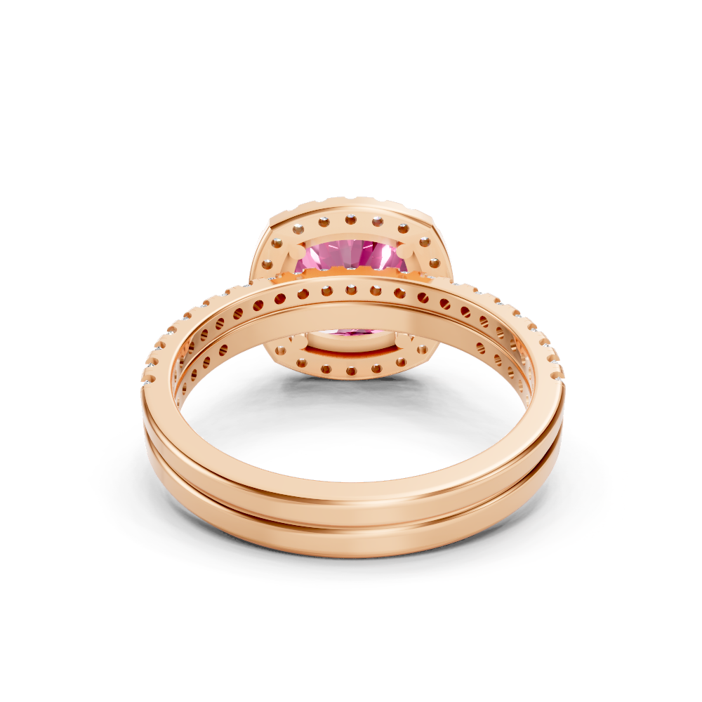 Pink Sapphire Cushion Halo Ring with Pave Band