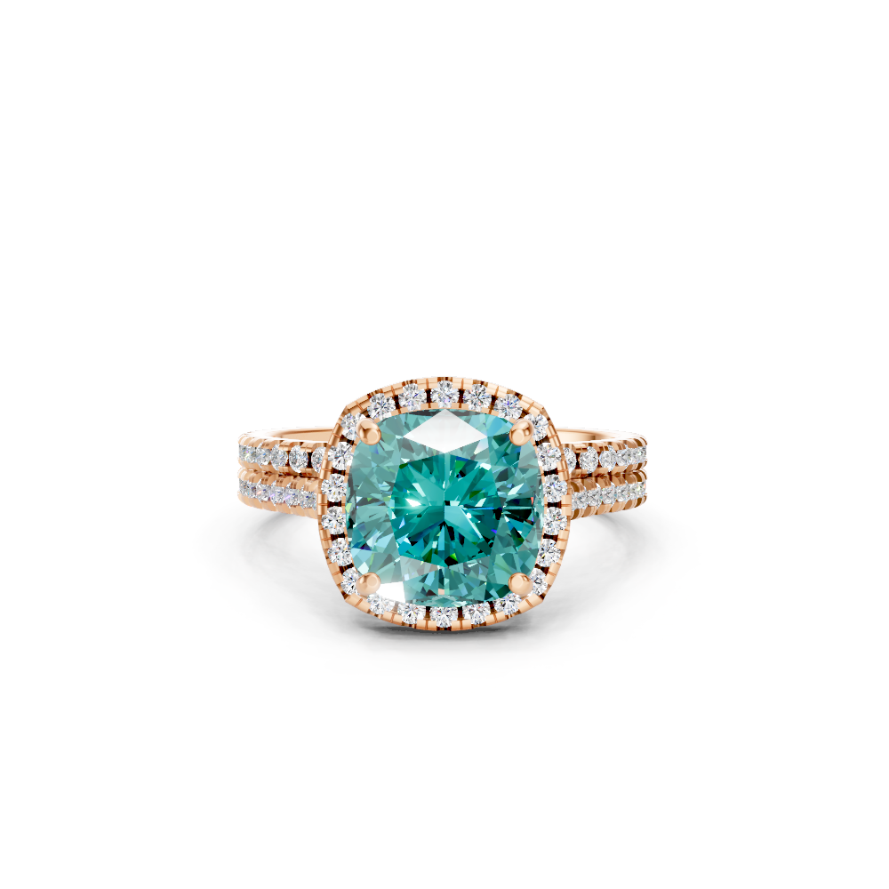 Paraiba Tourmaline Cushion Halo Ring with Pave Band
