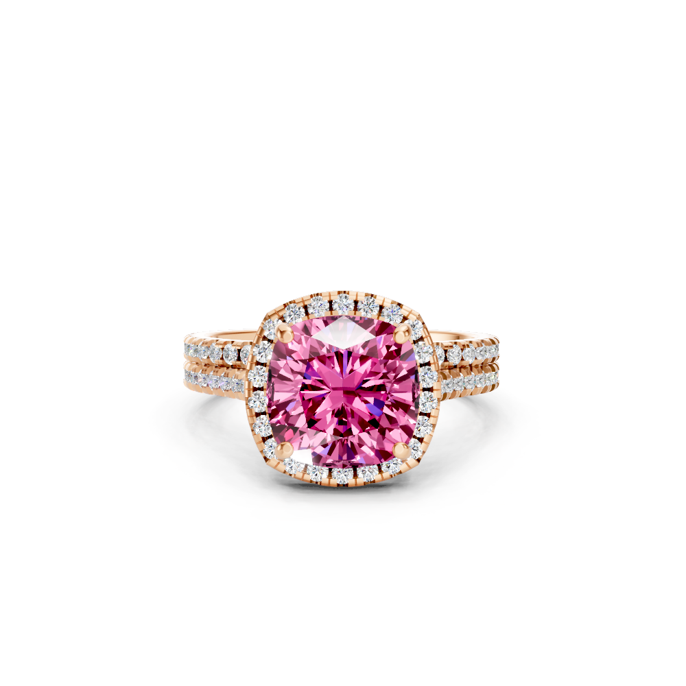 Pink Sapphire Cushion Halo Ring with Pave Band