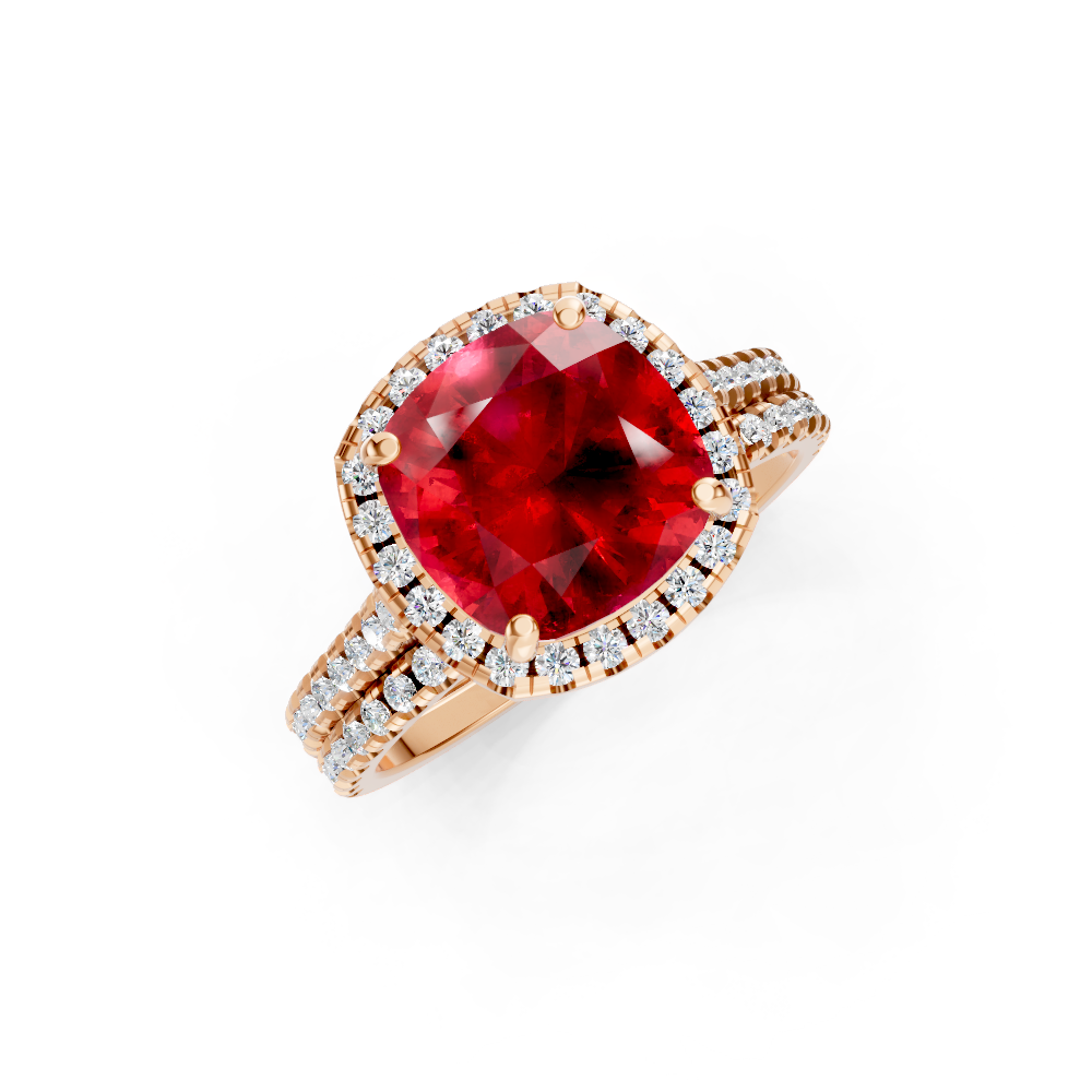 Ruby Cushion Halo Ring with Pave Band