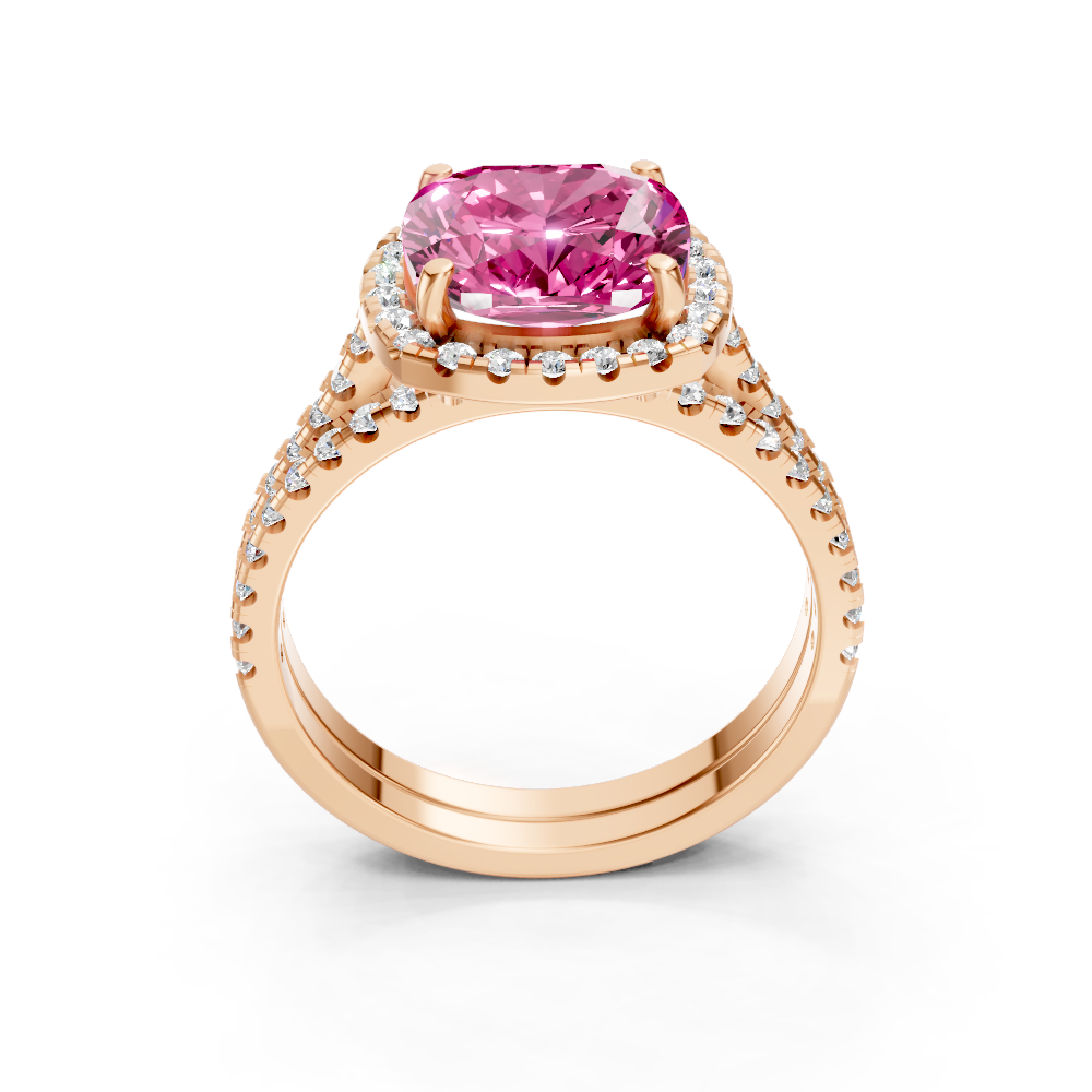 Pink Sapphire Cushion Halo Ring with Pave Band