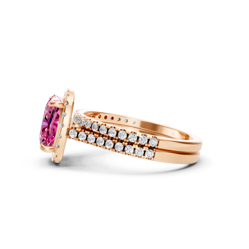 Pink Sapphire Cushion Halo Ring with Pave Band