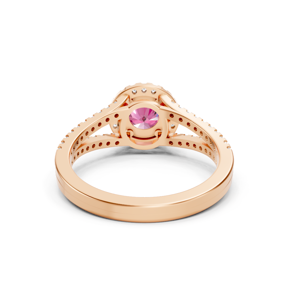Pink Sapphire Round Halo Ring with Diamond Pavé Split Band