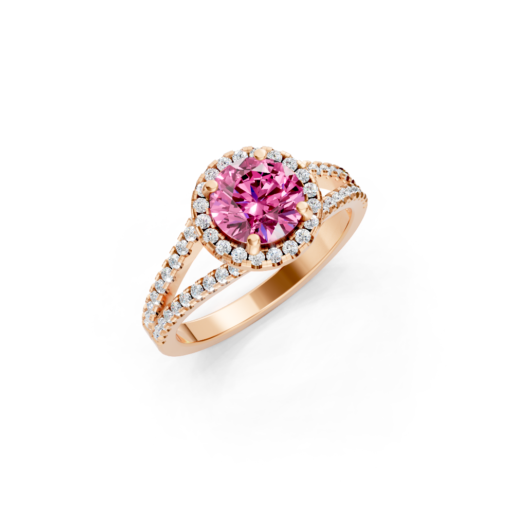 Pink Sapphire Round Halo Ring with Diamond Pavé Split Band