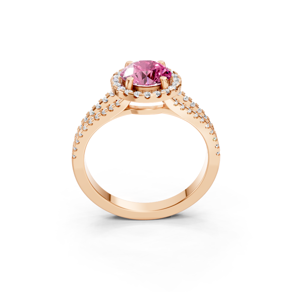 Pink Sapphire Round Halo Ring with Diamond Pavé Split Band