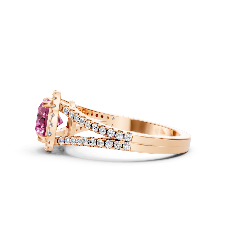 Pink Sapphire Round Halo Ring with Diamond Pavé Split Band