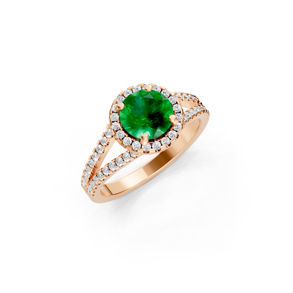 Colombian Emerald Round Halo Ring with Diamond Pavé Split Band