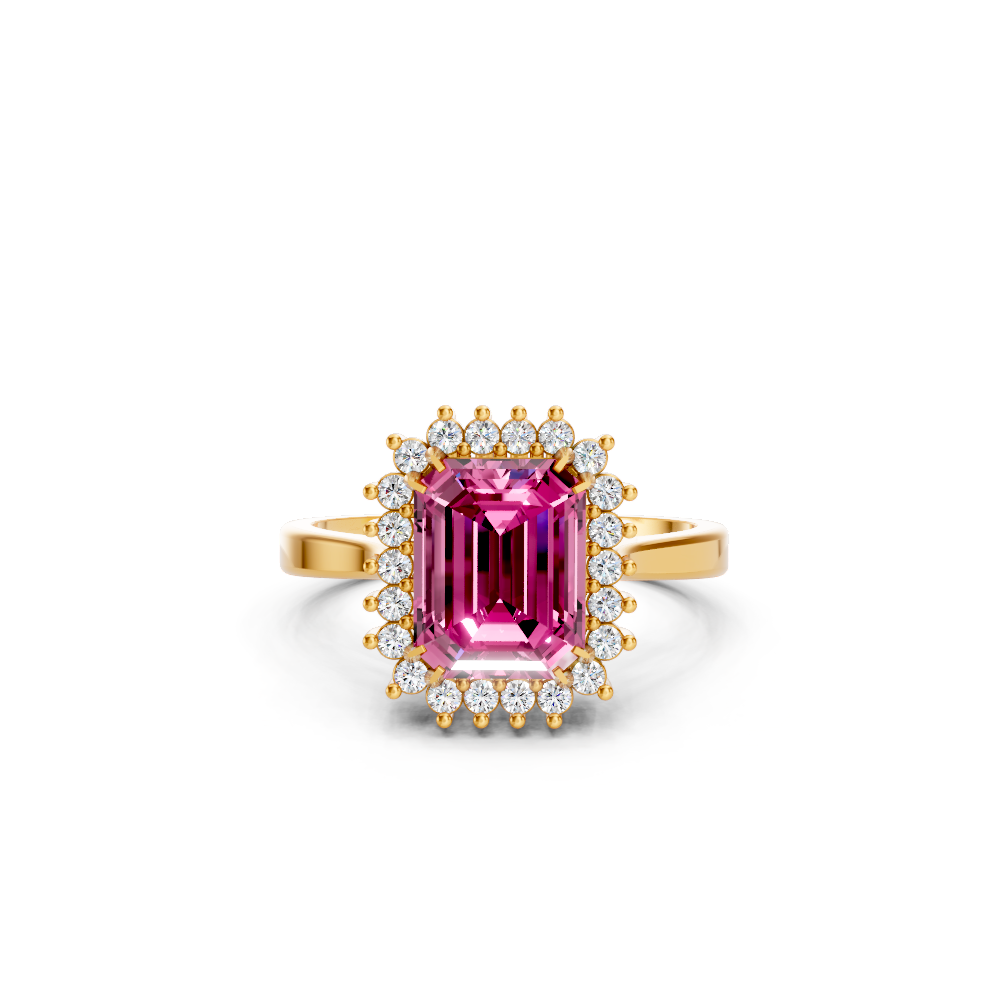 Pink Sapphire Emerald Cut Halo Ring