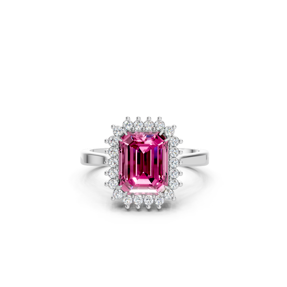Pink Sapphire Emerald Cut Halo Ring