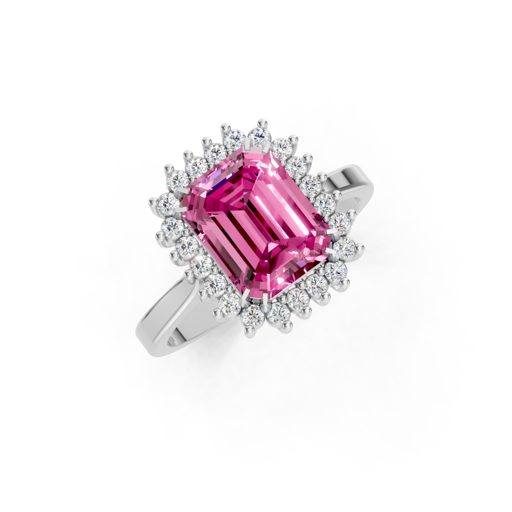 Pink Sapphire Emerald Cut Halo Ring