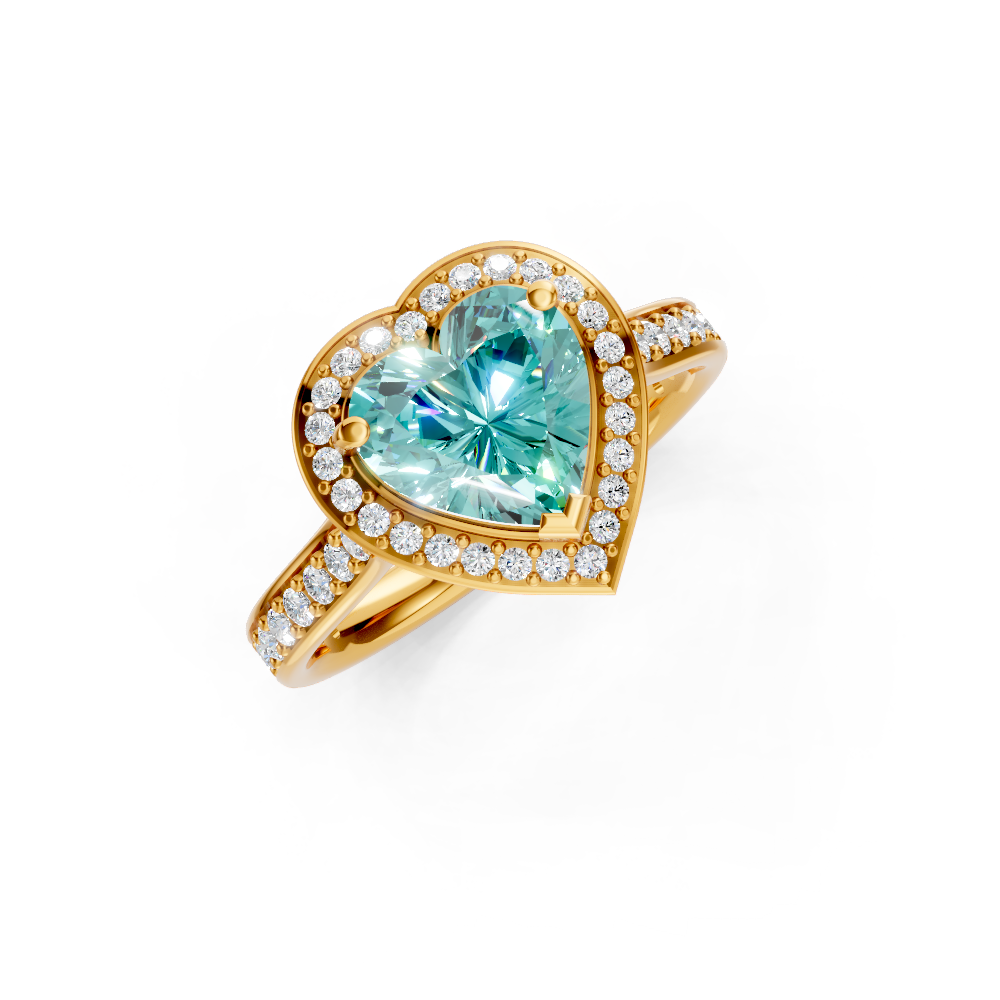 Paraiba Tourmaline Heart Halo Ring with Diamond Pavé Split Band