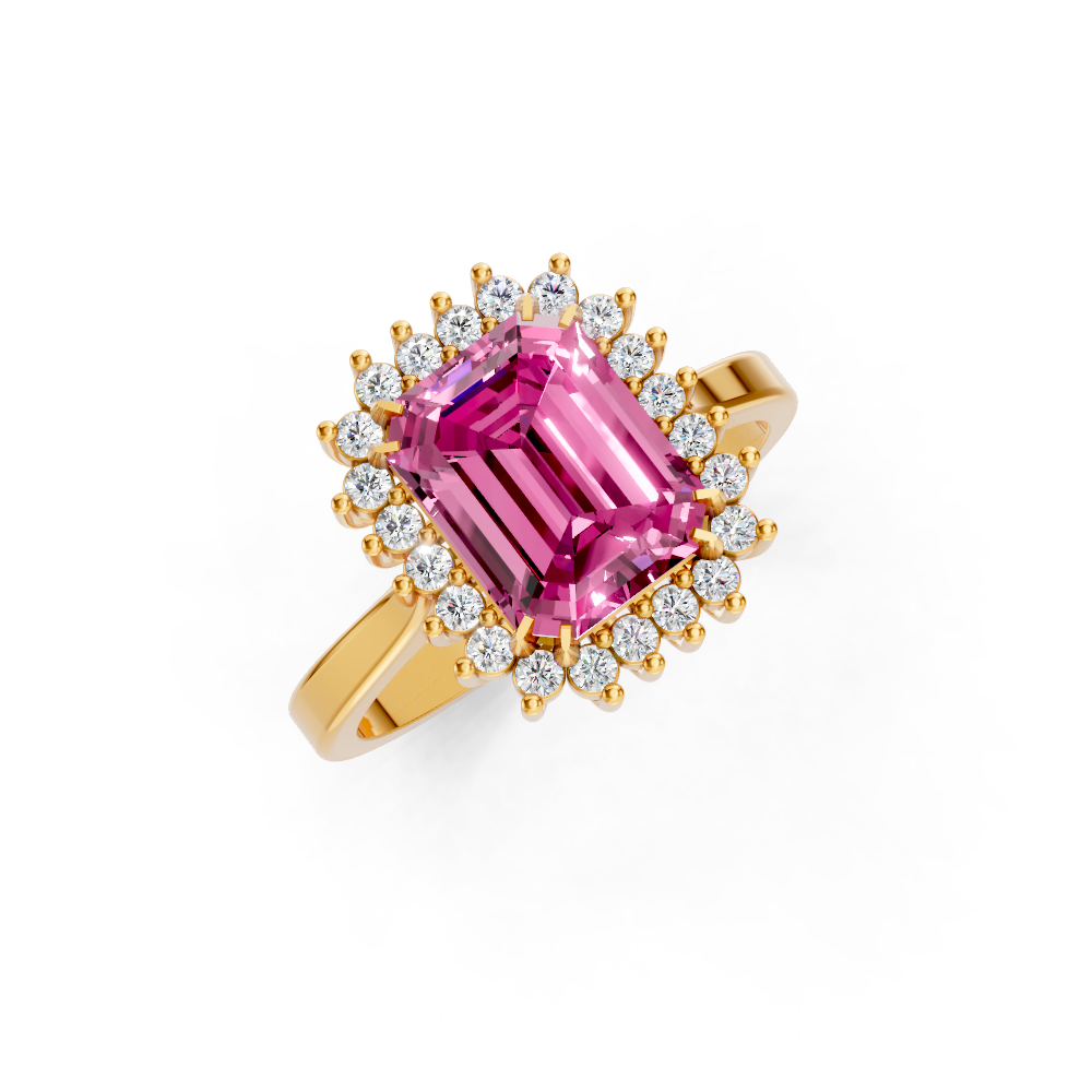 Pink Sapphire Emerald Cut Halo Ring