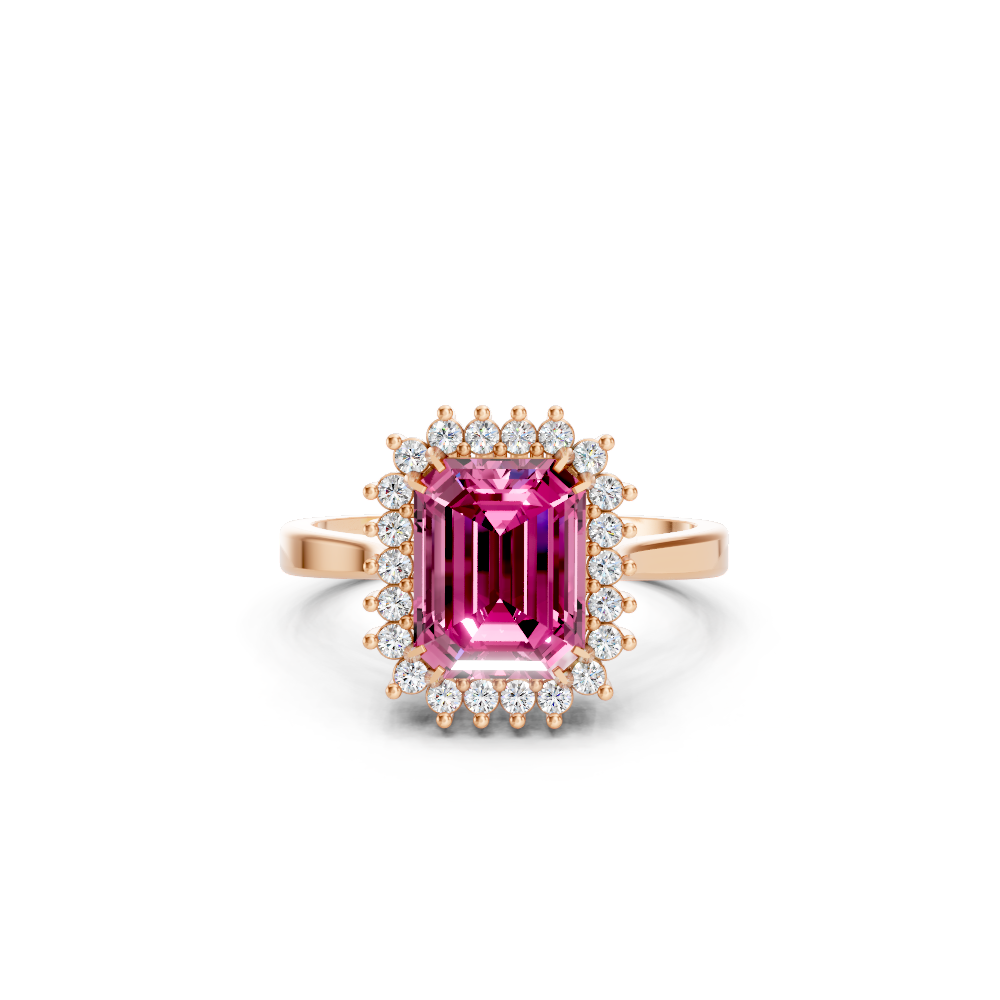 Pink Sapphire Emerald Cut Halo Ring