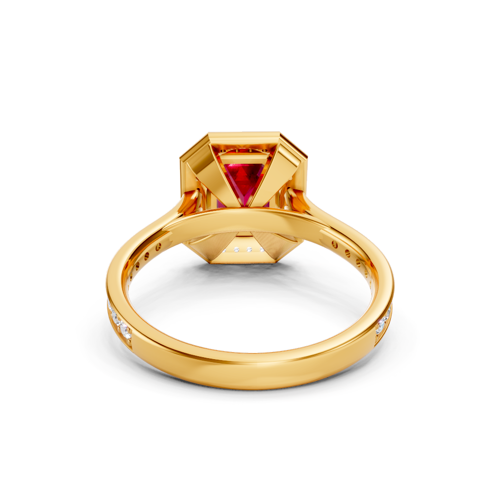 Ruby Emerald-Cut Halo Ring with Diamond Pavé Band