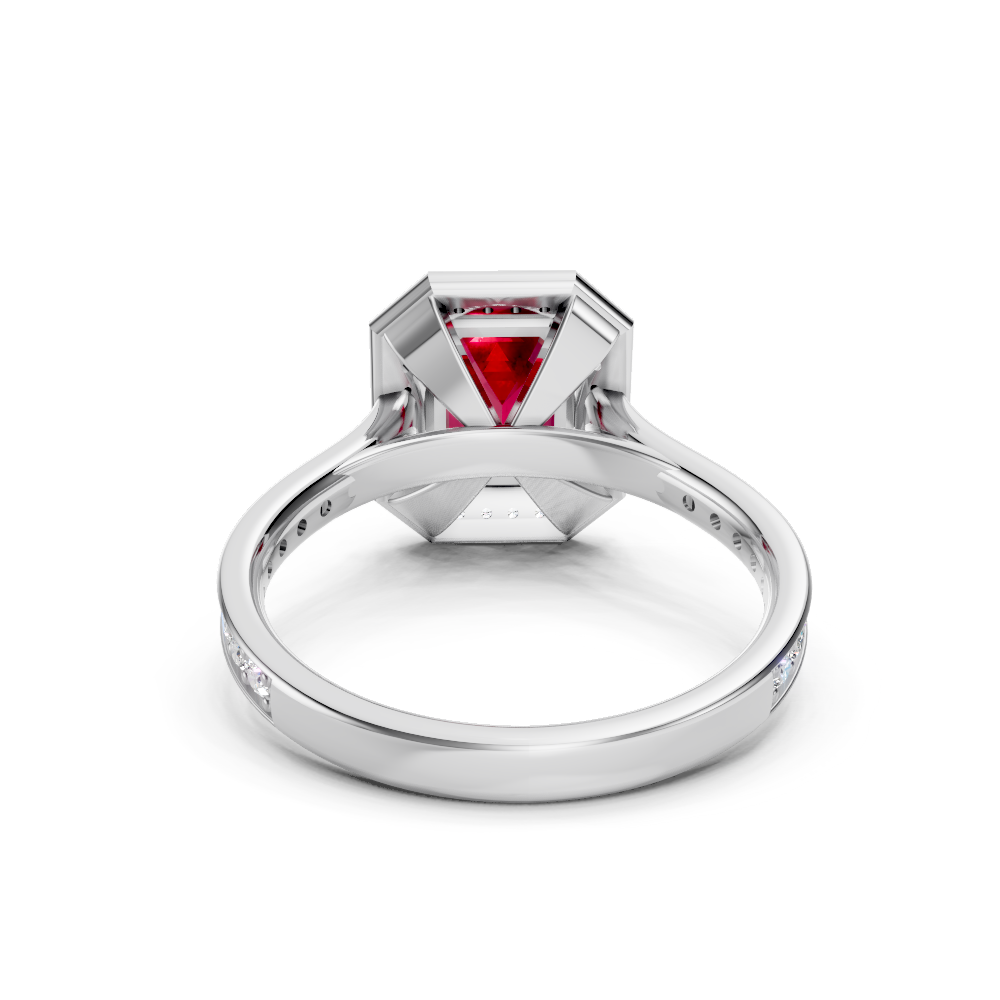 Ruby Emerald-Cut Halo Ring with Diamond Pavé Band
