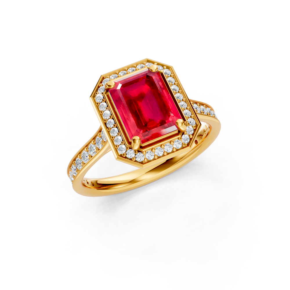 Ruby Emerald-Cut Halo Ring with Diamond Pavé Band