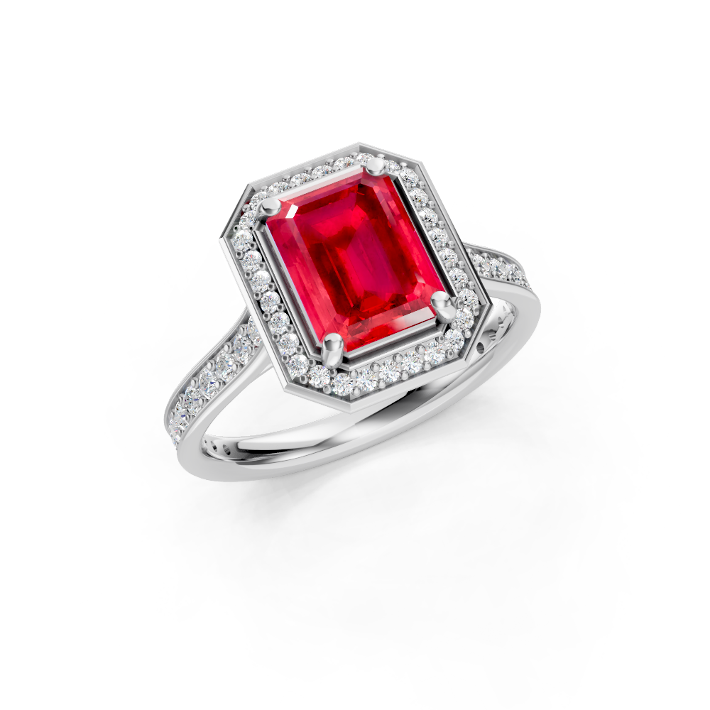 Ruby Emerald-Cut Halo Ring with Diamond Pavé Band