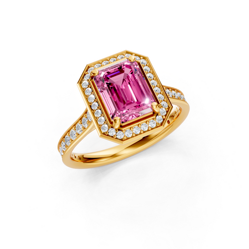 Pink Sapphire Emerald-Cut Halo Ring with Diamond Pavé Band