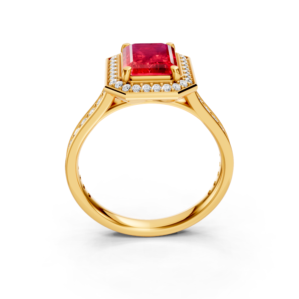 Ruby Emerald-Cut Halo Ring with Diamond Pavé Band