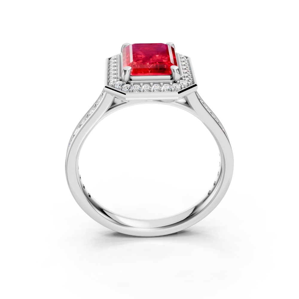 Ruby Emerald-Cut Halo Ring with Diamond Pavé Band