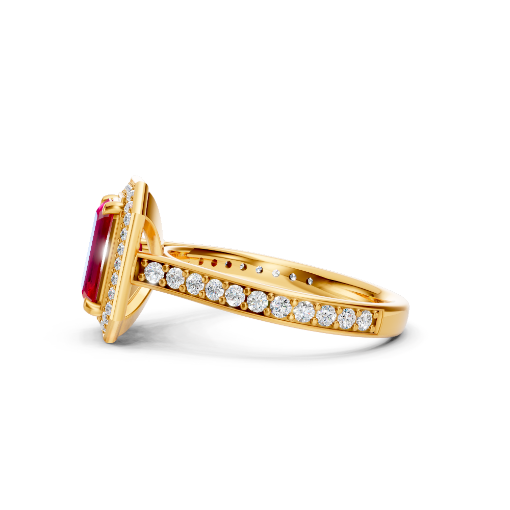 Ruby Emerald-Cut Halo Ring with Diamond Pavé Band
