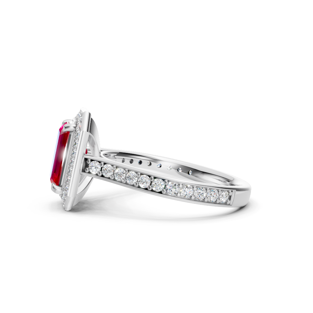 Ruby Emerald-Cut Halo Ring with Diamond Pavé Band