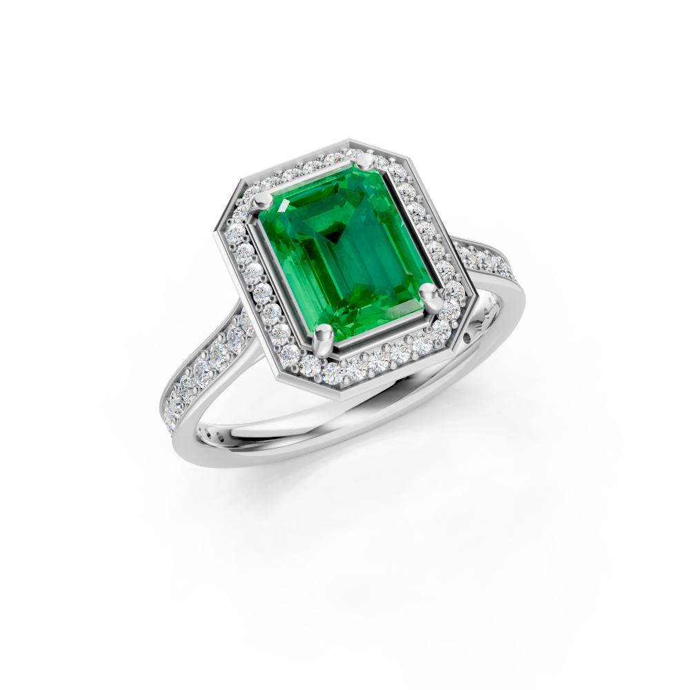 Colombian Emerald-Cut Halo Ring with Diamond Pavé Band
