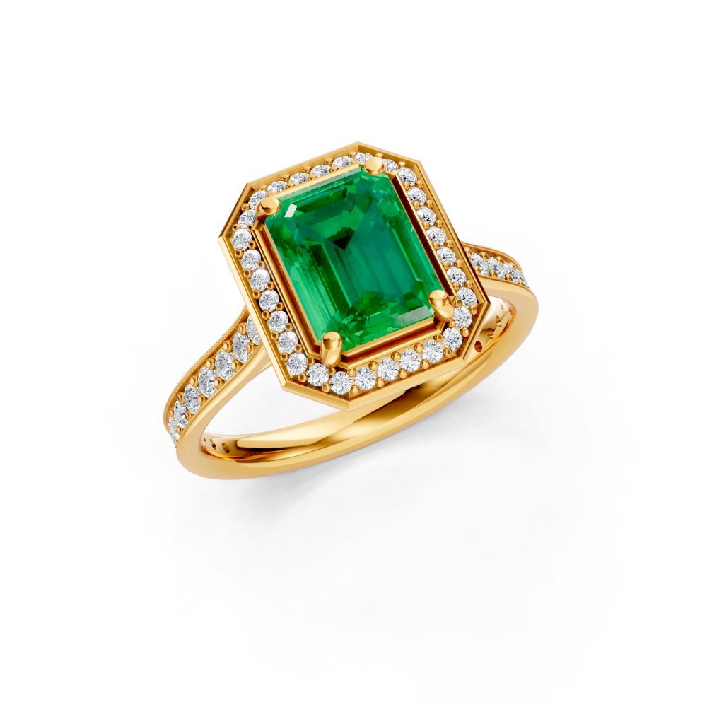 Colombian Emerald-Cut Halo Ring with Diamond Pavé Band