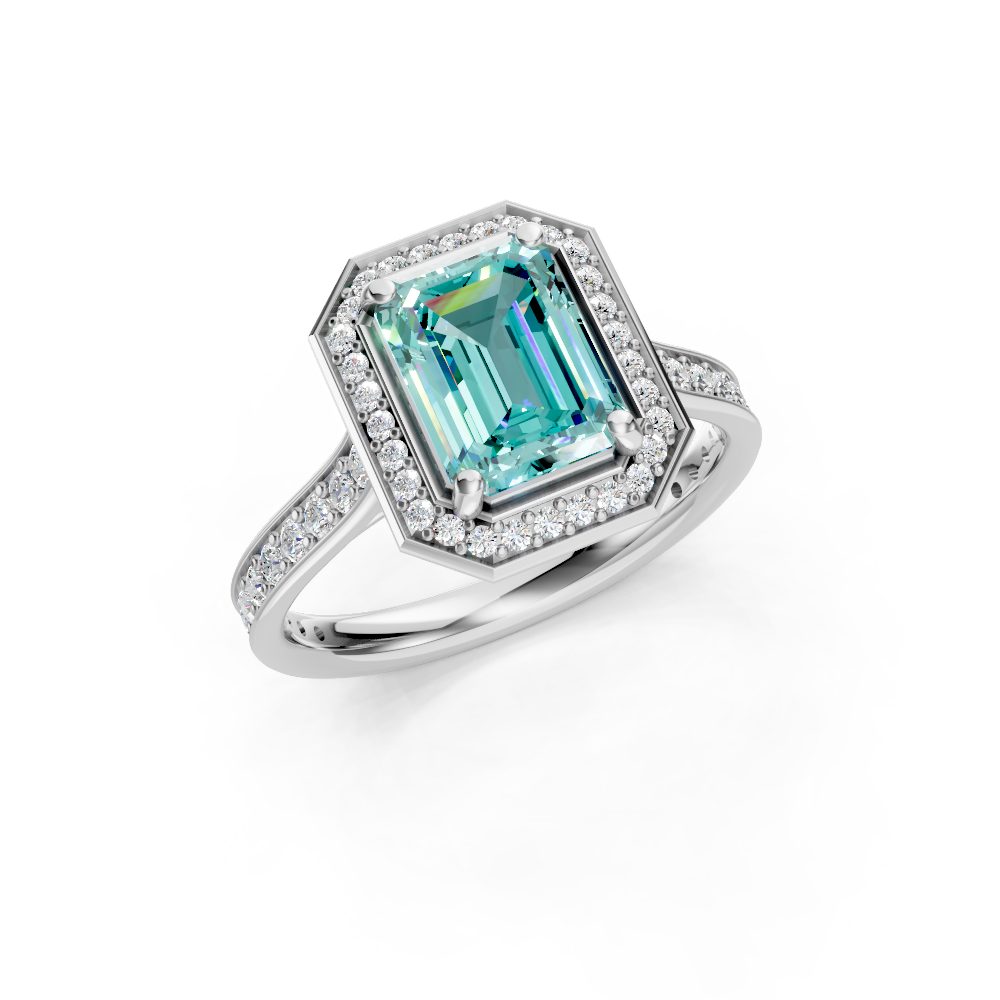 Paraiba Tourmaline Emerald-Cut Halo Ring with Diamond Pavé Band