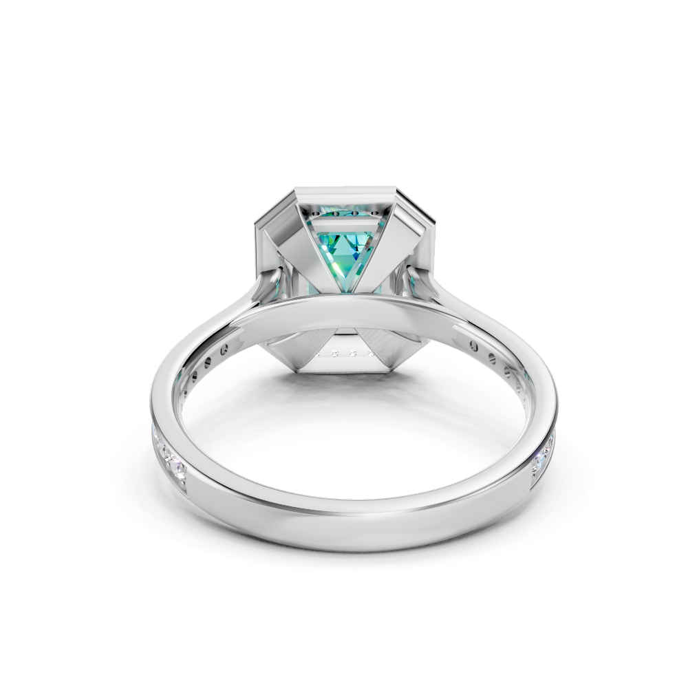 Paraiba Tourmaline Emerald-Cut Halo Ring with Diamond Pavé Band