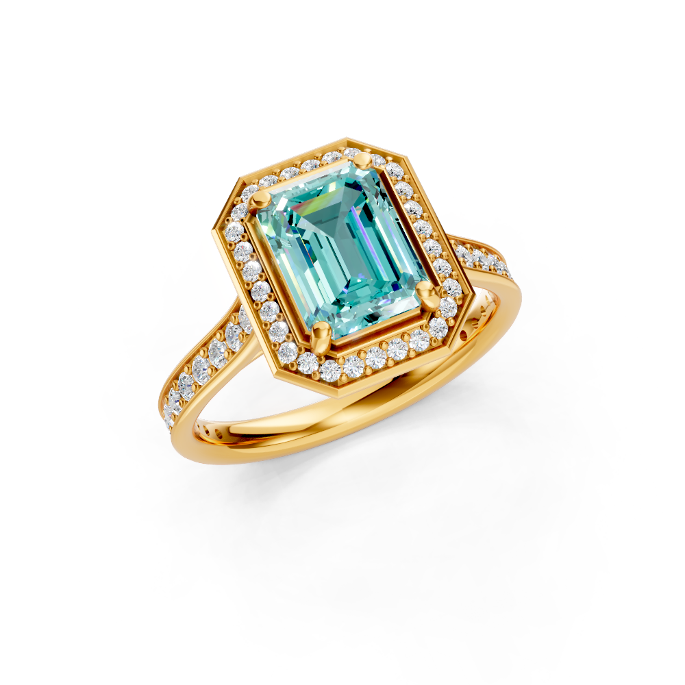 Paraiba Tourmaline Emerald-Cut Halo Ring with Diamond Pavé Band