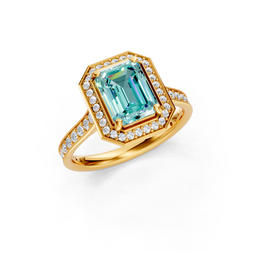 Paraiba Tourmaline Emerald-Cut Halo Ring with Diamond Pavé Band