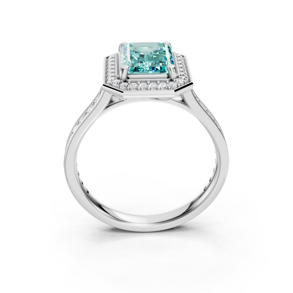 Paraiba Tourmaline Emerald-Cut Halo Ring with Diamond Pavé Band