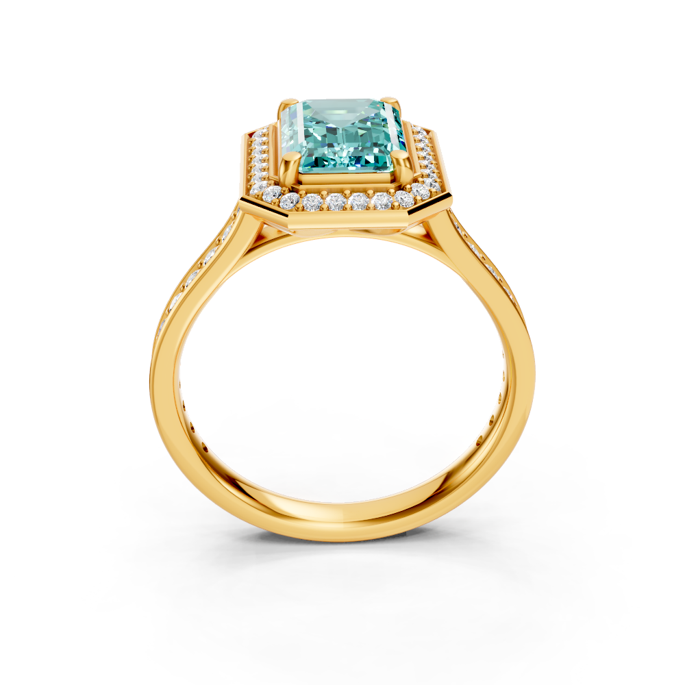 Paraiba Tourmaline Emerald-Cut Halo Ring with Diamond Pavé Band