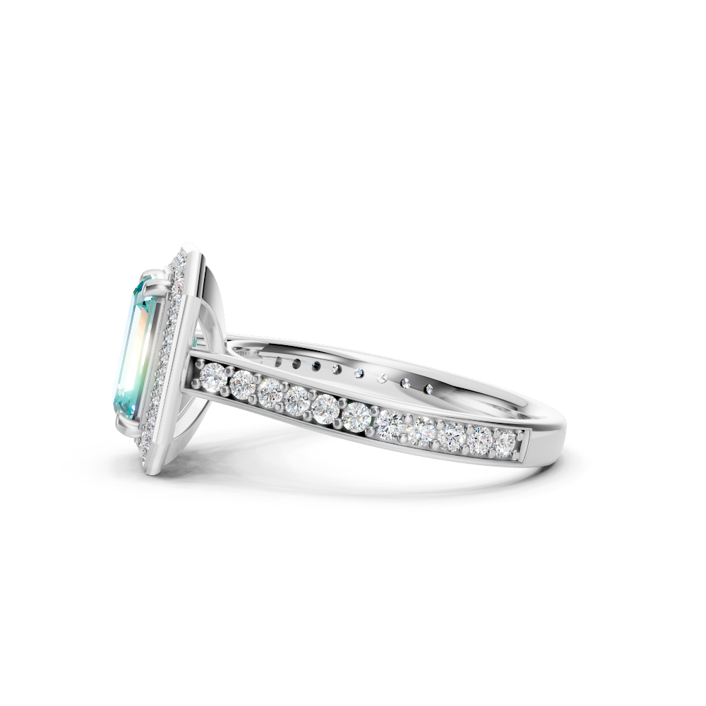 Paraiba Tourmaline Emerald-Cut Halo Ring with Diamond Pavé Band