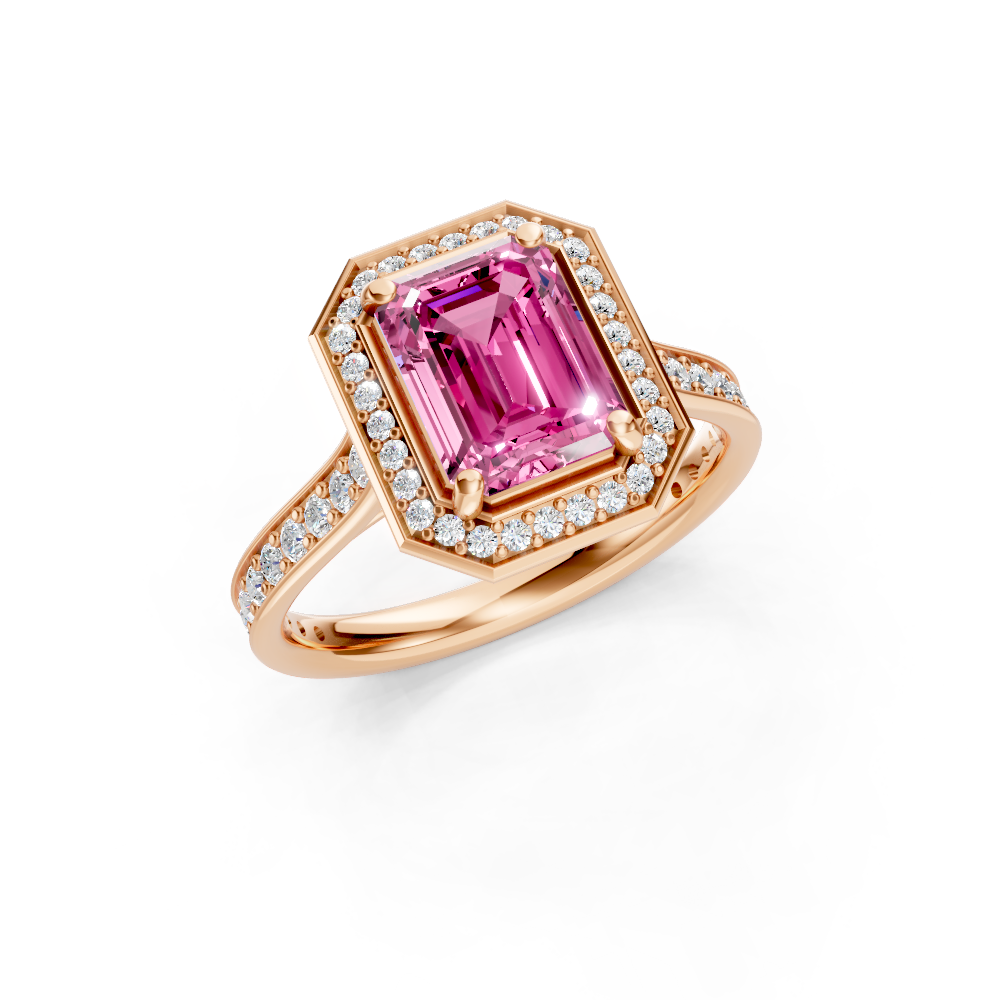 Pink Sapphire Emerald-Cut Halo Ring with Diamond Pavé Band