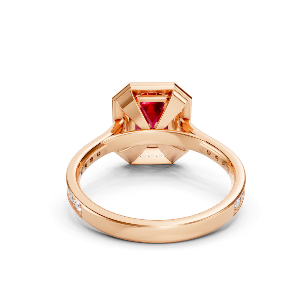 Ruby Emerald-Cut Halo Ring with Diamond Pavé Band