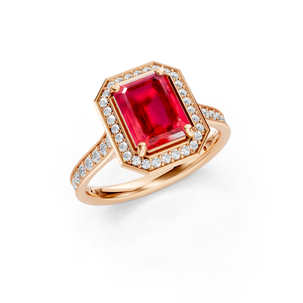 Ruby Emerald-Cut Halo Ring with Diamond Pavé Band
