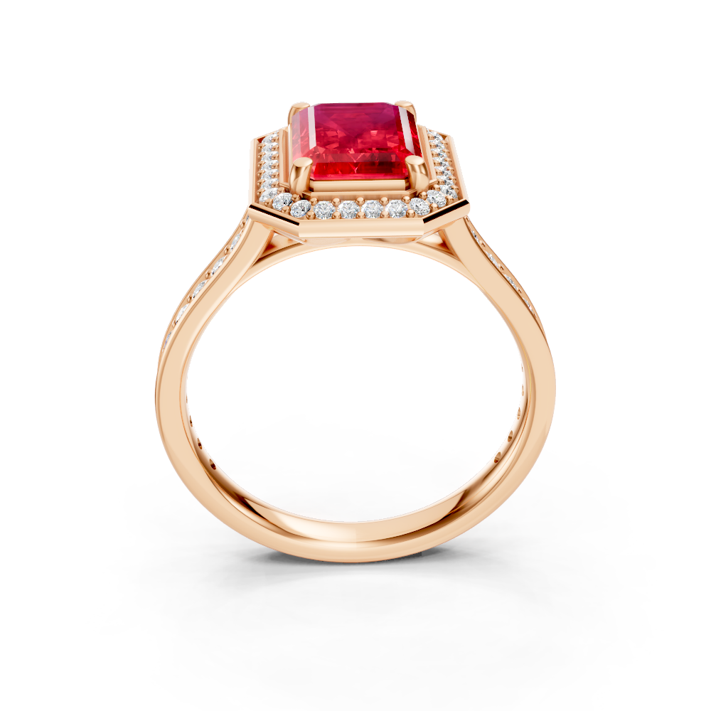 Ruby Emerald-Cut Halo Ring with Diamond Pavé Band