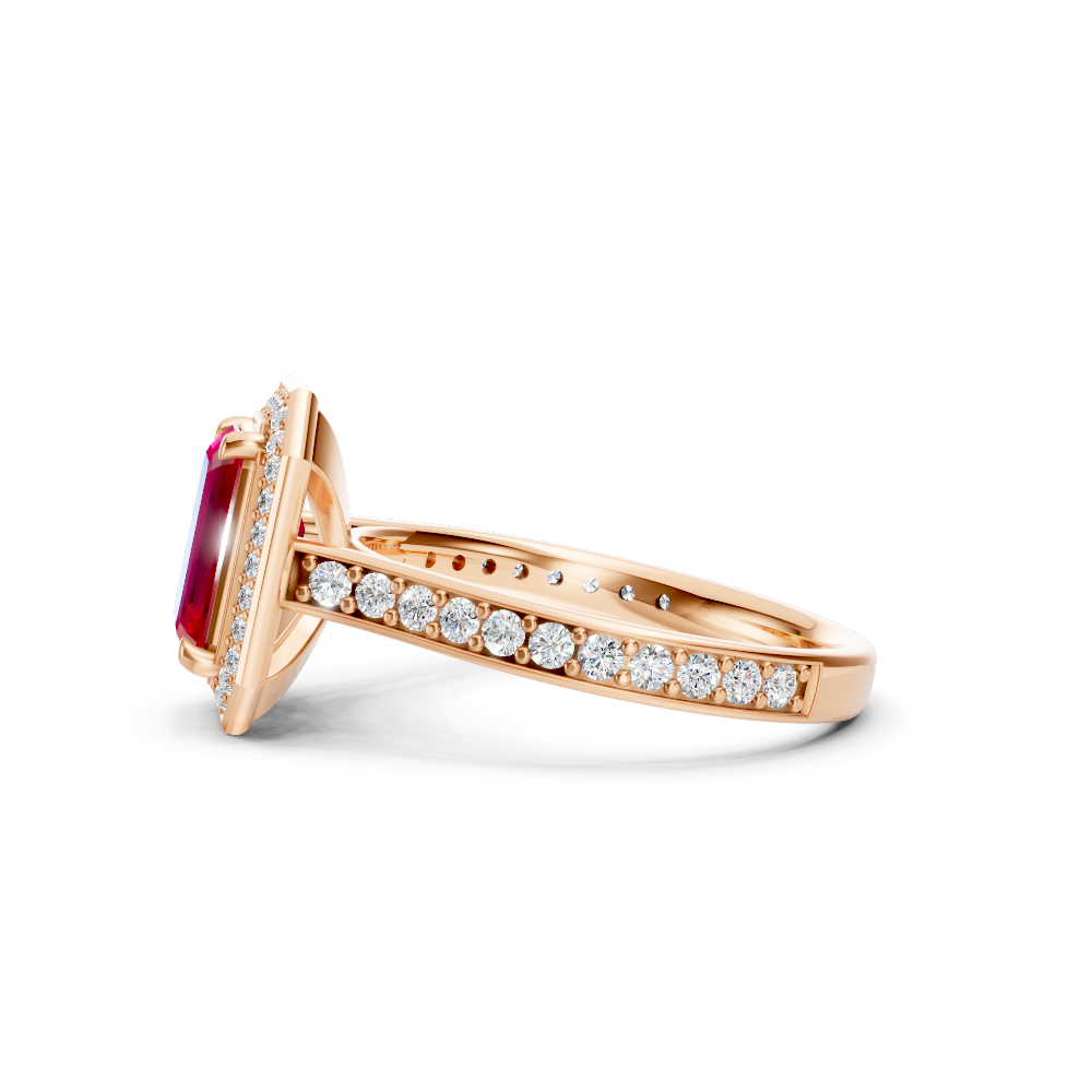 Ruby Emerald-Cut Halo Ring with Diamond Pavé Band
