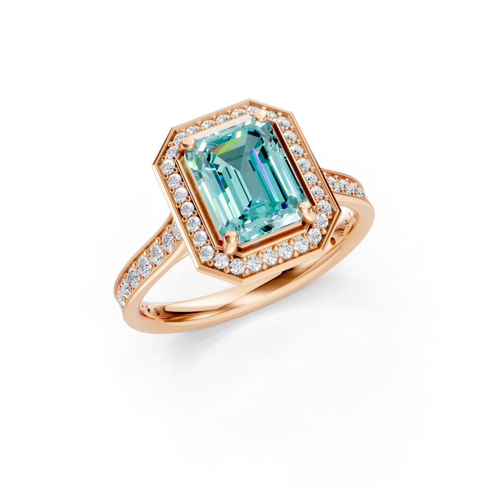 Paraiba Tourmaline Emerald-Cut Halo Ring with Diamond Pavé Band