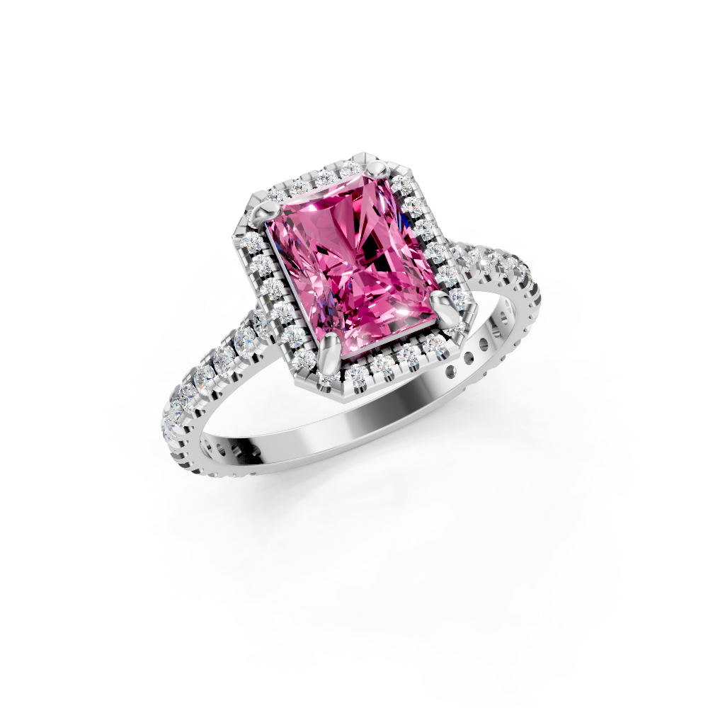 Pink Sapphire Emerald Cut Halo Ring
