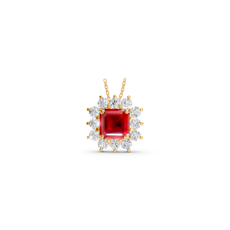 Ruby Asscher Sunburst Diamond Halo Pendant 1