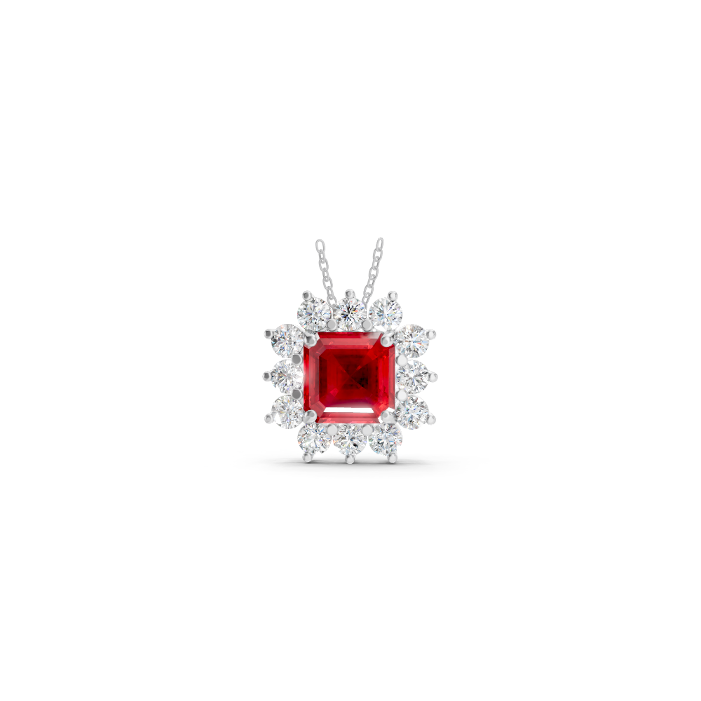 Ruby Asscher Sunburst Diamond Halo Pendant