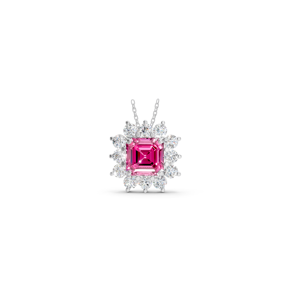 Pink Sapphire Asscher Sunburst Diamond Halo Pendant