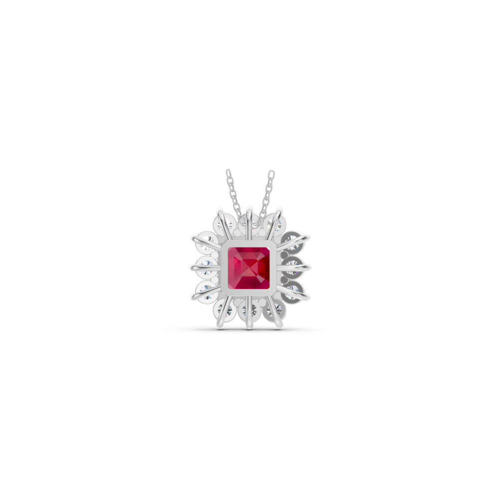 Ruby Asscher Sunburst Diamond Halo Pendant